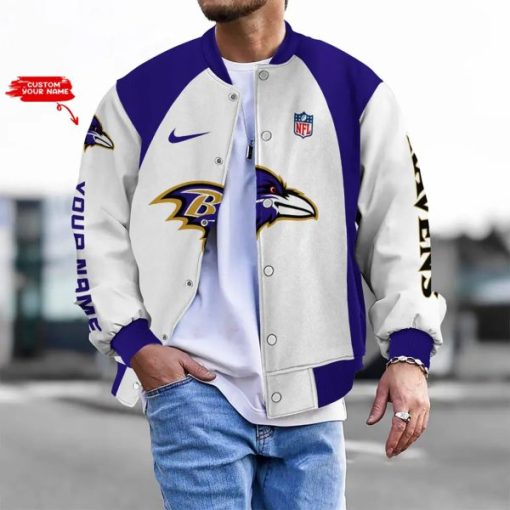 Customize Your Name With Baltimore Ravens Button Down Baseball Varsity Bomber Jacket