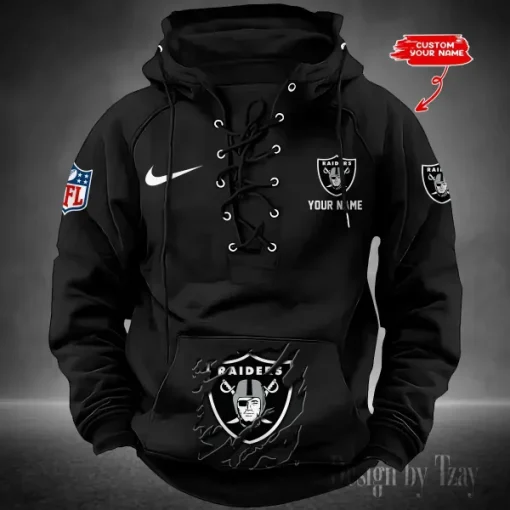 Las Vegas Raiders Lace-Up Cross V-Neck Drawstring Hoodie