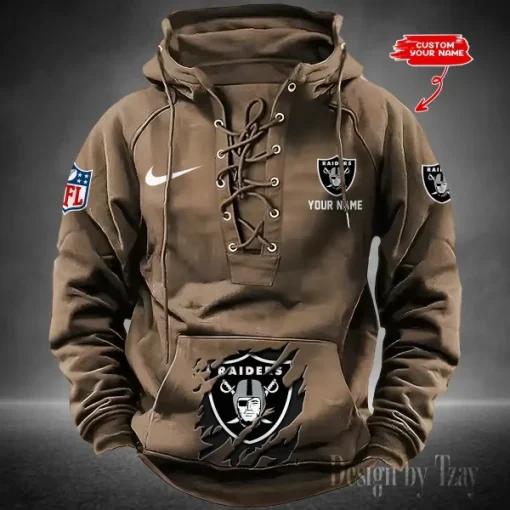 Las Vegas Raiders Lace-Up Cross V-Neck Drawstring Hoodie - Image 3