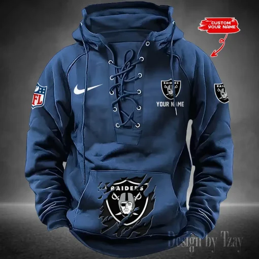 Las Vegas Raiders Lace-Up Cross V-Neck Drawstring Hoodie - Image 4