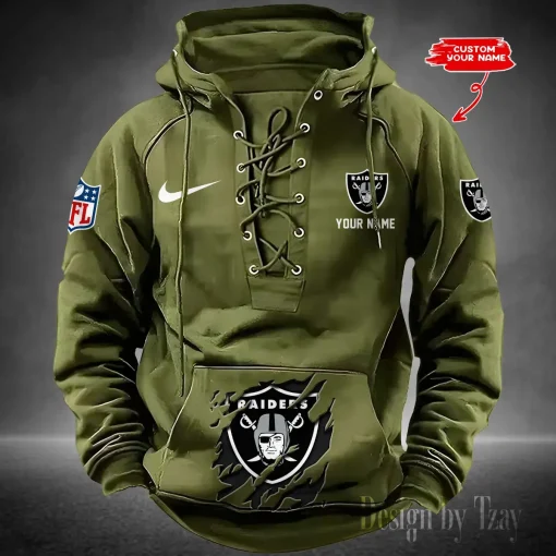 Las Vegas Raiders Lace-Up Cross V-Neck Drawstring Hoodie - Image 5