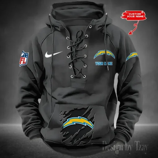 Los Angeles Chargers Lace-Up Cross V-Neck Drawstring Hoodie - Image 2