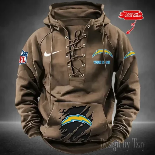 Los Angeles Chargers Lace-Up Cross V-Neck Drawstring Hoodie - Image 3