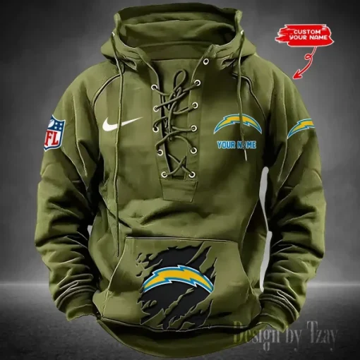 Los Angeles Chargers Lace-Up Cross V-Neck Drawstring Hoodie - Image 5
