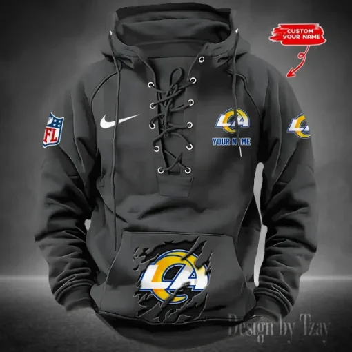 Los Angeles Rams Lace-Up Cross V-Neck Drawstring Hoodie - Image 2
