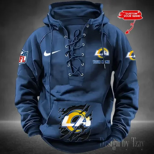 Los Angeles Rams Lace-Up Cross V-Neck Drawstring Hoodie - Image 3