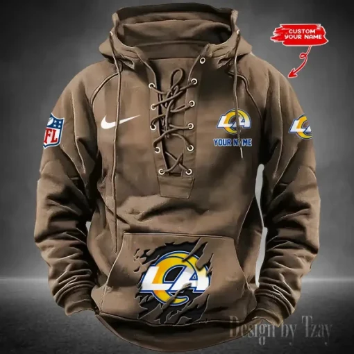 Los Angeles Rams Lace-Up Cross V-Neck Drawstring Hoodie - Image 4