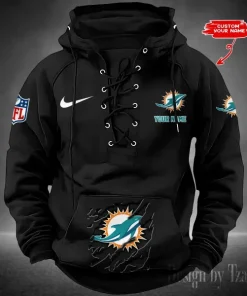 Miami Dolphins Lace-Up Cross V-Neck Drawstring Hoodie