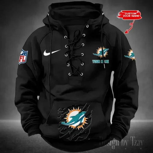 Miami Dolphins Lace-Up Cross V-Neck Drawstring Hoodie