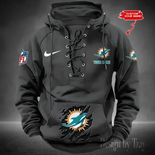 Miami Dolphins Lace-Up Cross V-Neck Drawstring Hoodie - Image 2