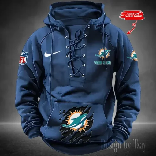 Miami Dolphins Lace-Up Cross V-Neck Drawstring Hoodie - Image 3