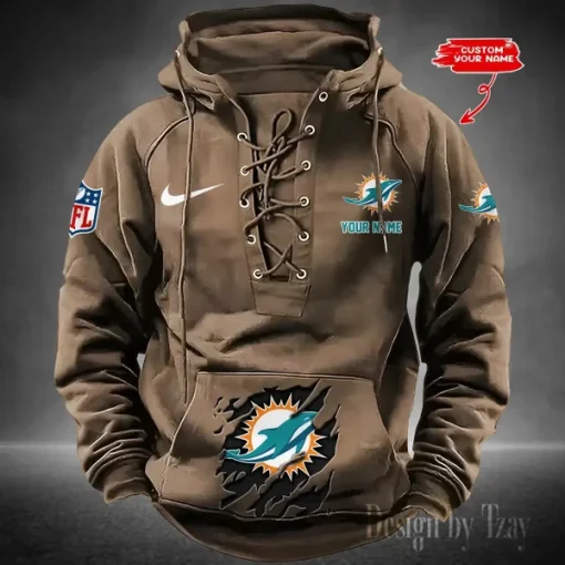 Miami Dolphins Lace-Up Cross V-Neck Drawstring Hoodie - Image 4
