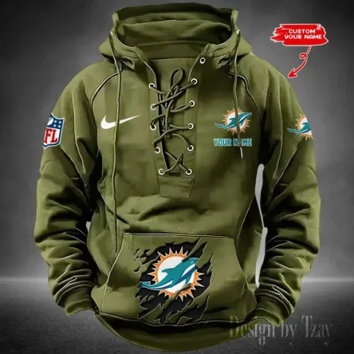 Miami Dolphins Lace-Up Cross V-Neck Drawstring Hoodie - Image 5
