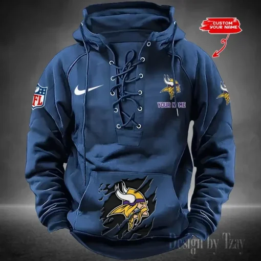 Minnesota Vikings Lace-Up Cross V-Neck Drawstring Hoodie - Image 3