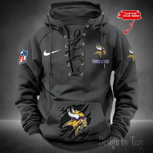 Minnesota Vikings Lace-Up Cross V-Neck Drawstring Hoodie - Image 4