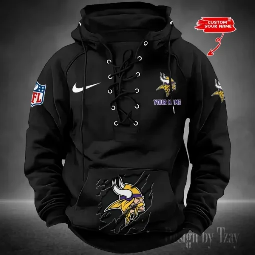 Minnesota Vikings Lace-Up Cross V-Neck Drawstring Hoodie - Image 5