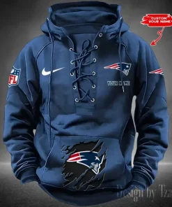 New England Patriots Lace-Up Cross V-Neck Drawstring Hoodie