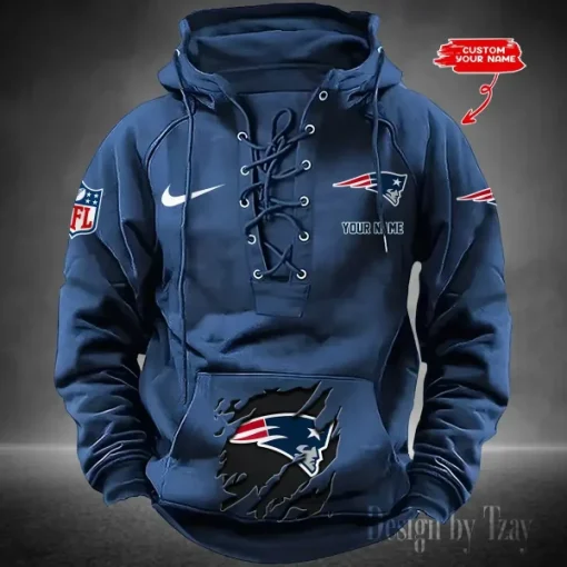 New England Patriots Lace-Up Cross V-Neck Drawstring Hoodie