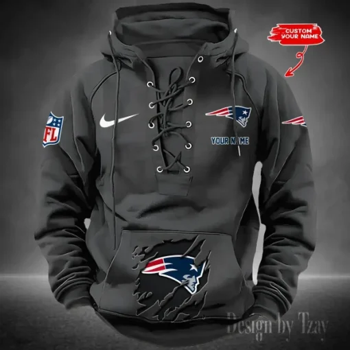 New England Patriots Lace-Up Cross V-Neck Drawstring Hoodie - Image 2