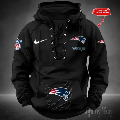 New England Patriots Lace-Up Cross V-Neck Drawstring Hoodie - Image 5