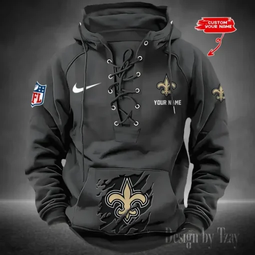 New Orleans Saints Lace-Up Cross V-Neck Drawstring Hoodie