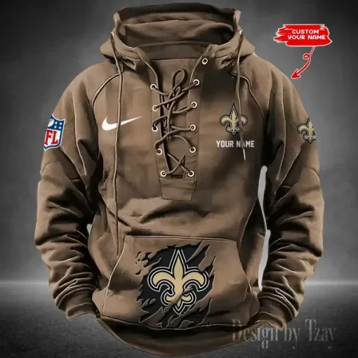 New Orleans Saints Lace-Up Cross V-Neck Drawstring Hoodie - Image 3