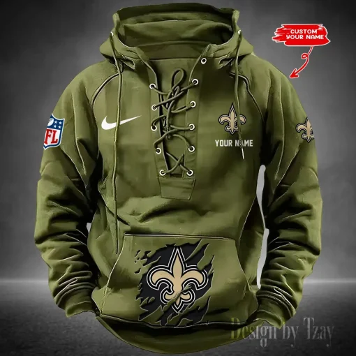 New Orleans Saints Lace-Up Cross V-Neck Drawstring Hoodie - Image 4