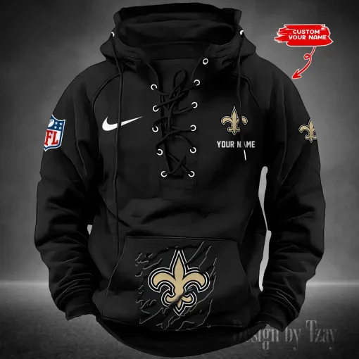 New Orleans Saints Lace-Up Cross V-Neck Drawstring Hoodie - Image 5