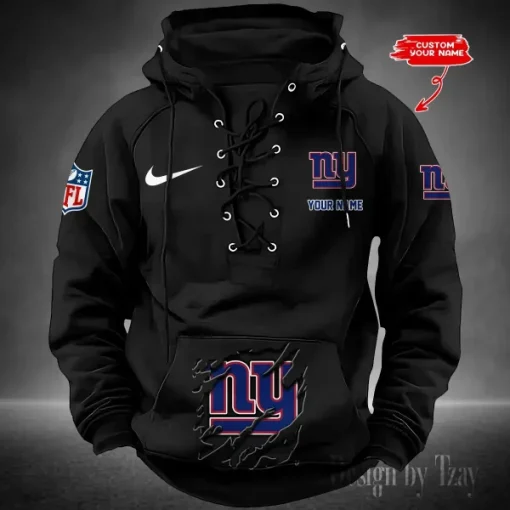 New York Giants Lace-Up Cross V-Neck Drawstring Hoodie