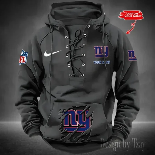 New York Giants Lace-Up Cross V-Neck Drawstring Hoodie - Image 2