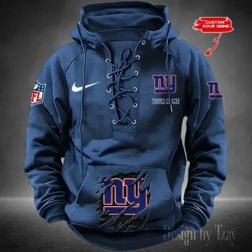 New York Giants Lace-Up Cross V-Neck Drawstring Hoodie - Image 3