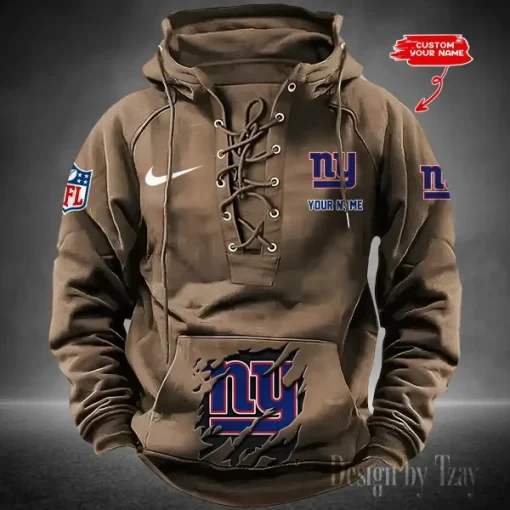 New York Giants Lace-Up Cross V-Neck Drawstring Hoodie - Image 4