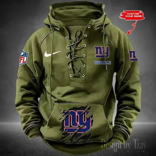 New York Giants Lace-Up Cross V-Neck Drawstring Hoodie - Image 5
