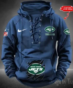 New York Jets Lace-Up Cross V-Neck Drawstring Hoodie