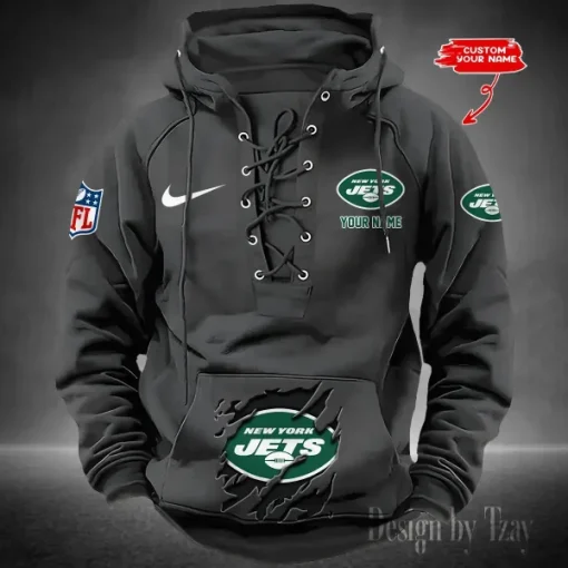 New York Jets Lace-Up Cross V-Neck Drawstring Hoodie - Image 5