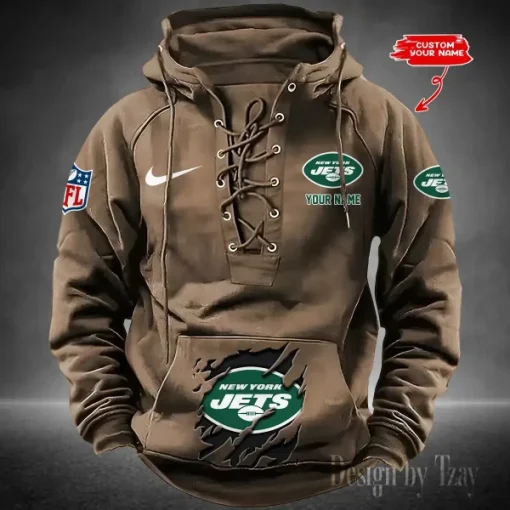 New York Jets Lace-Up Cross V-Neck Drawstring Hoodie - Image 4