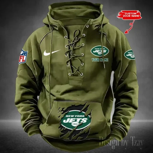 New York Jets Lace-Up Cross V-Neck Drawstring Hoodie - Image 3