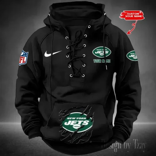 New York Jets Lace-Up Cross V-Neck Drawstring Hoodie - Image 2