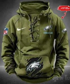 Philadelphia Eagles Lace-Up Cross V-Neck Drawstring Hoodie