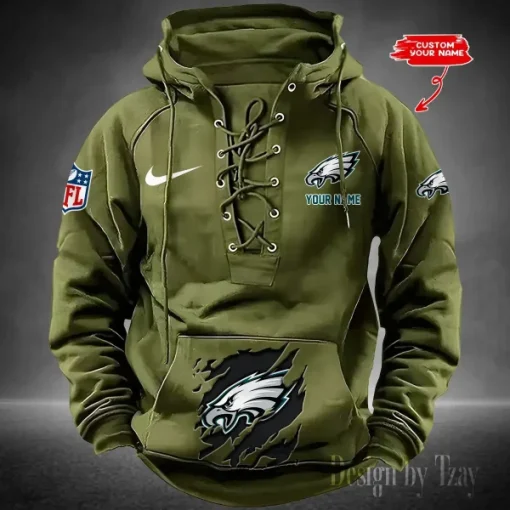 Philadelphia Eagles Lace-Up Cross V-Neck Drawstring Hoodie