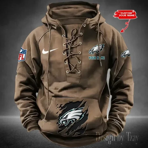 Philadelphia Eagles Lace-Up Cross V-Neck Drawstring Hoodie - Image 2