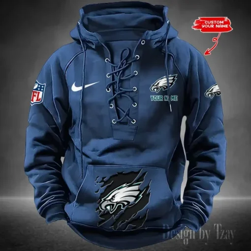 Philadelphia Eagles Lace-Up Cross V-Neck Drawstring Hoodie - Image 3