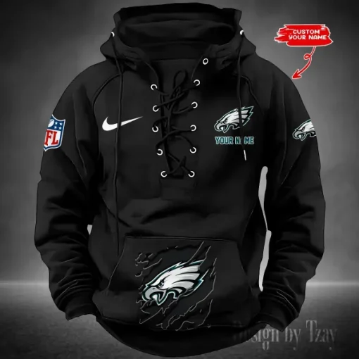 Philadelphia Eagles Lace-Up Cross V-Neck Drawstring Hoodie - Image 5
