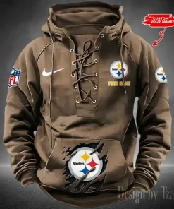 Pittsburgh Steelers Lace-Up Cross V-Neck Drawstring Hoodie