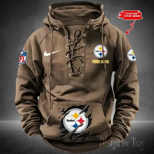 Pittsburgh Steelers Lace-Up Cross V-Neck Drawstring Hoodie