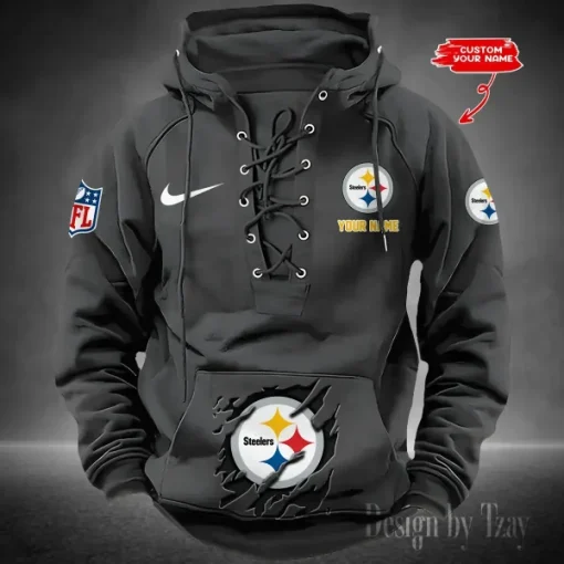 Pittsburgh Steelers Lace-Up Cross V-Neck Drawstring Hoodie - Image 5