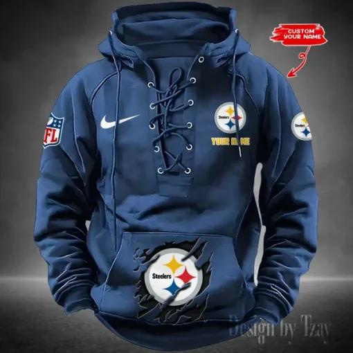 Pittsburgh Steelers Lace-Up Cross V-Neck Drawstring Hoodie - Image 4