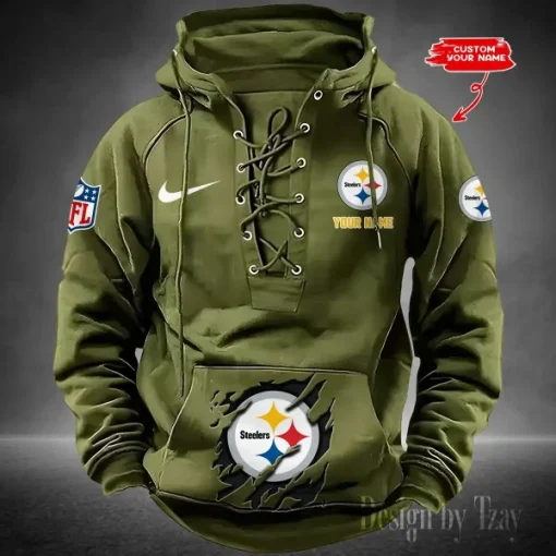 Pittsburgh Steelers Lace-Up Cross V-Neck Drawstring Hoodie - Image 3
