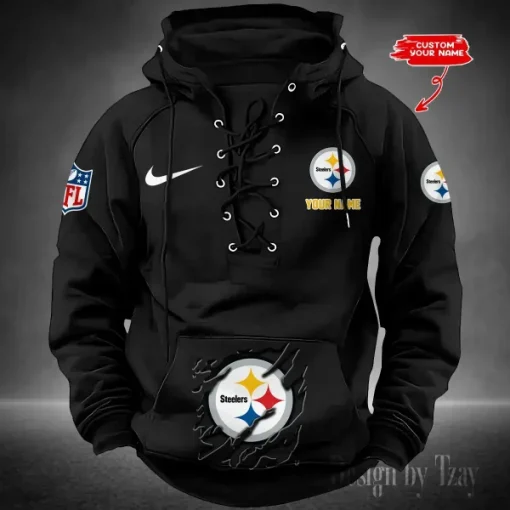 Pittsburgh Steelers Lace-Up Cross V-Neck Drawstring Hoodie - Image 2