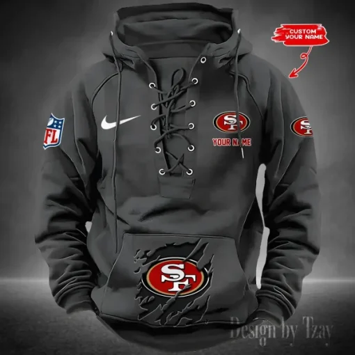 San Francisco 49ers Lace-Up Cross V-Neck Drawstring Hoodie - Image 5